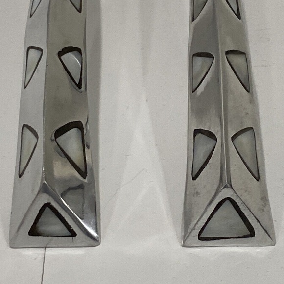 Mod Silver Tone Serving Fork & Spoon Set White Stone Shell Inlay Made in India - Picture 6 of 8